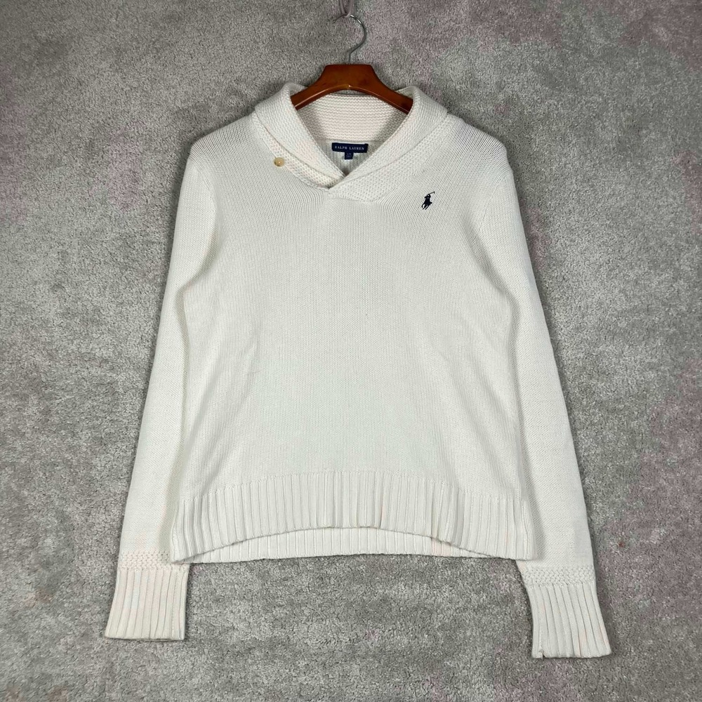 Vintage Ralph Lauren Shawl Neck Sweater Womens L White Cotton Knit Pony Logo
